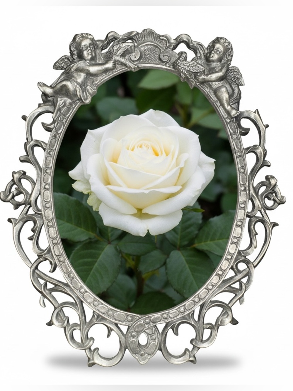Vintage Ornate Cherub Oval Picture Frame Pewter-Tone Cast Metal